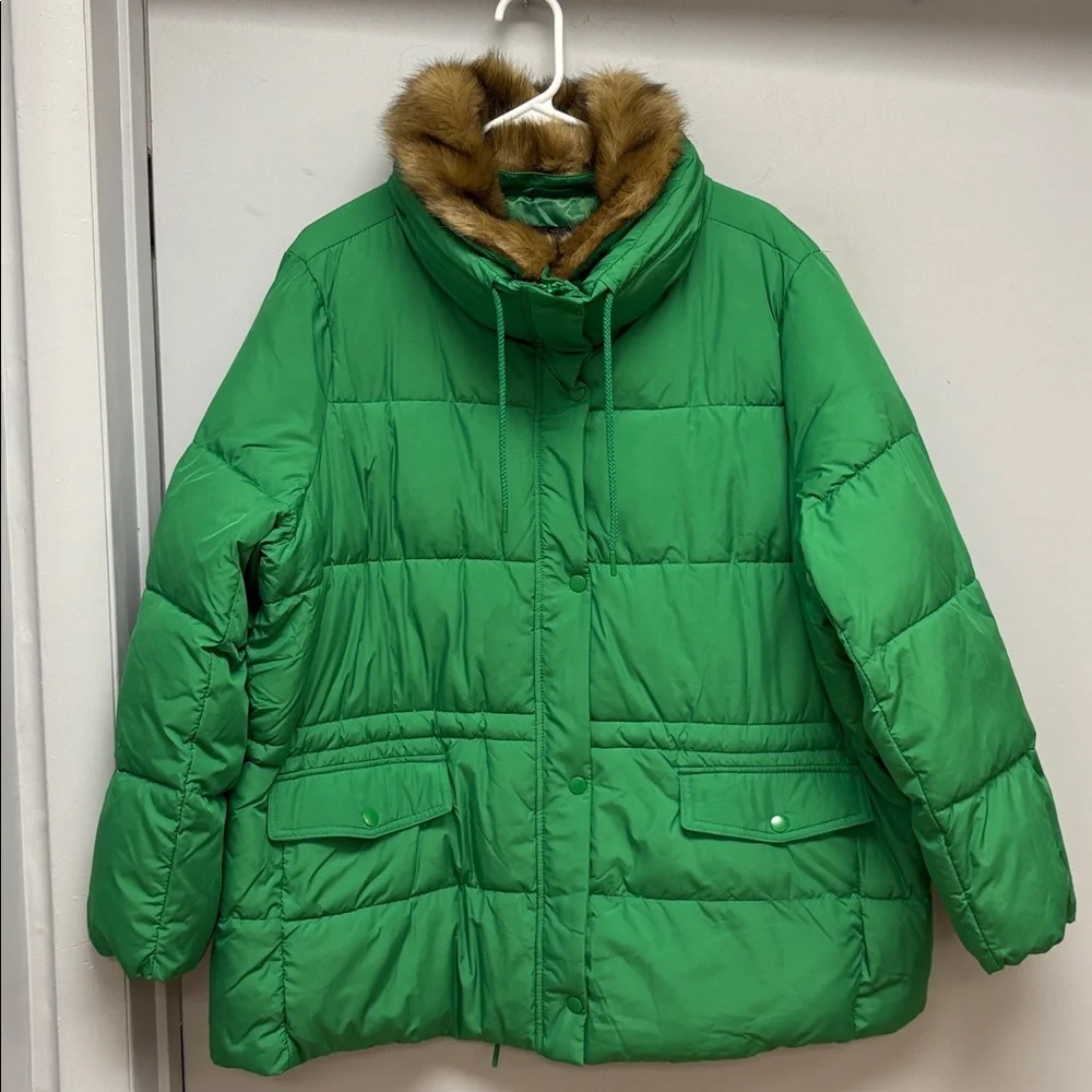 Talbots Plus Petite Faux Fur Trim Puffer Coat Green (Size 2XP)